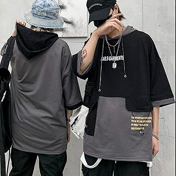 XYXIONGMAO Hooded T-Shirt Loose Large Pockets Colorblock